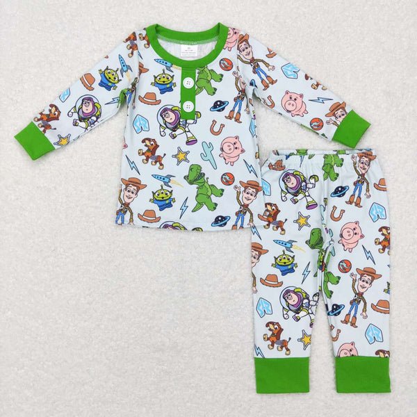 BLP0411 RTS toddler boy clothes green cartoon boy winter pajamas set