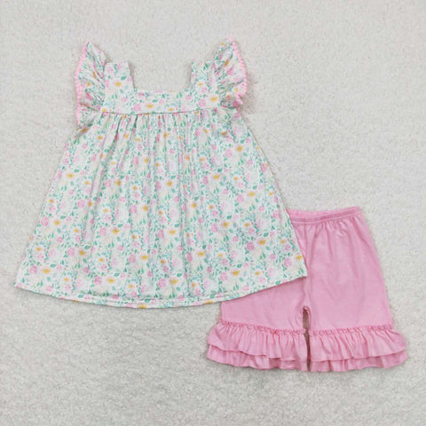 GSSO0487 baby girl clothes flower summer outfits toddler summer shorts set