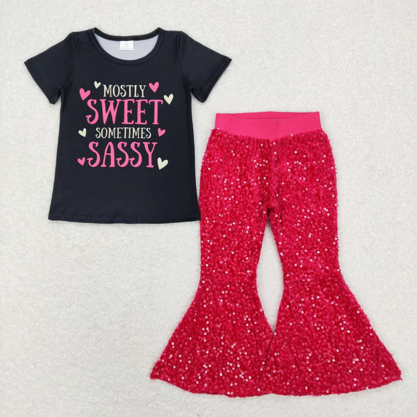 GSPO1235 baby girl clothes pink valentine's day sequins bell bottom outfit