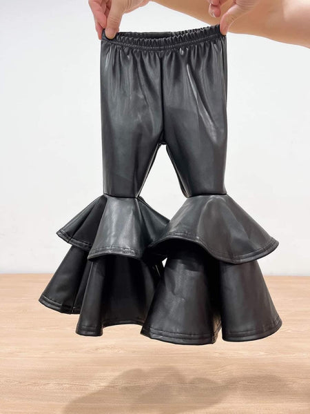 P0034 RTS baby girl clothes girls pants black leather pant toddler bell bottoms