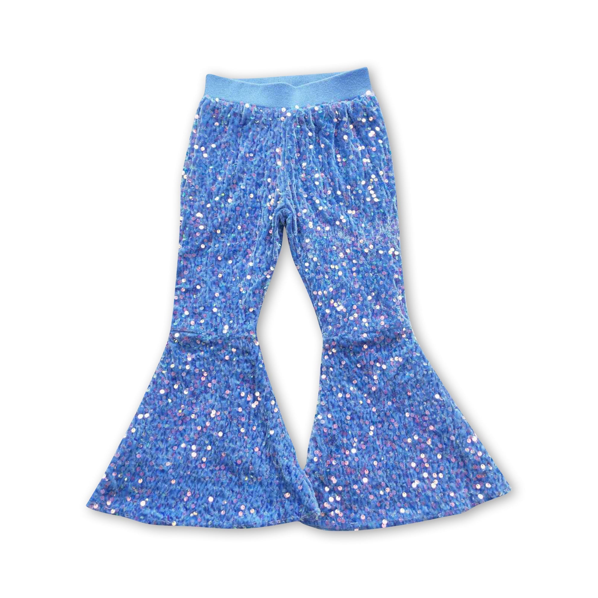 P0111 kids clothes girls blue sequin winter bell bottom pants