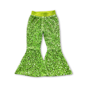 P0148 kids clothes girls green sequin winter bell bottom pants girl sequin pant