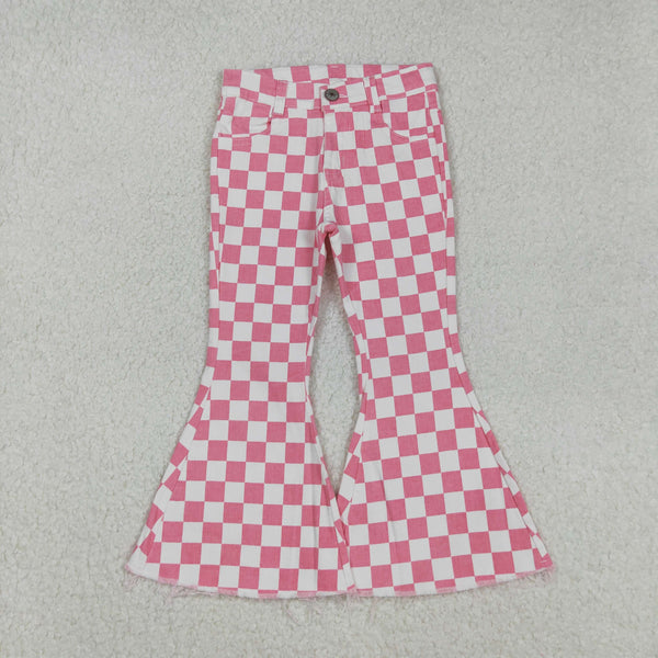 P0348 baby girl clothes girl jeans pink plaid toddler bell bottom jeans valentines day clothes