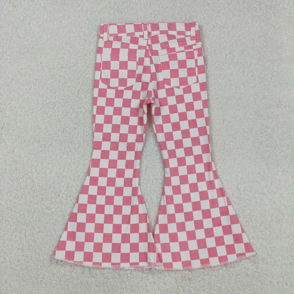 P0348 baby girl clothes girl jeans pink plaid toddler bell bottom jeans valentines day clothes