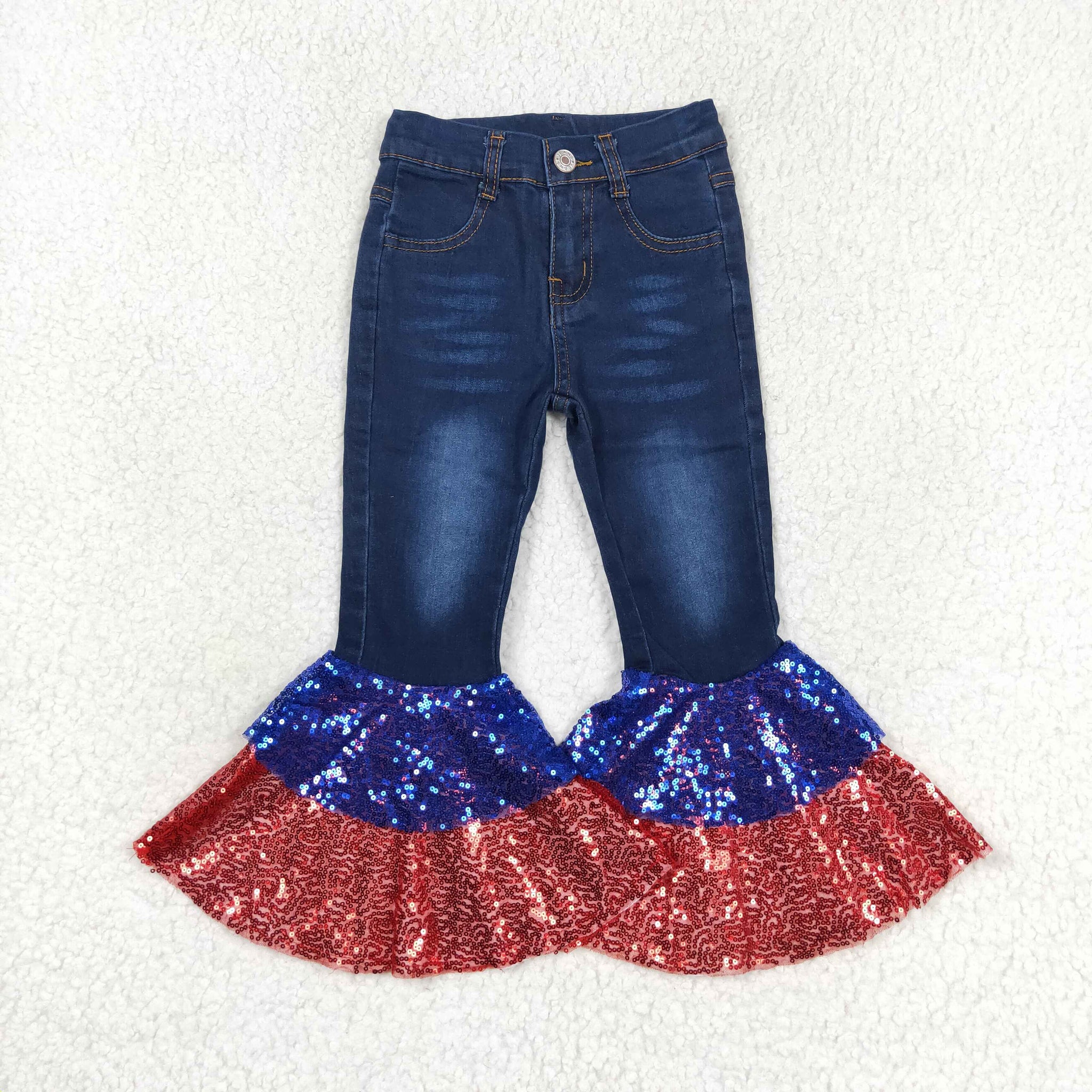 P0430 toddler girl clothes 4th of July clothes baby belll bottom jeans red blue sequin pant