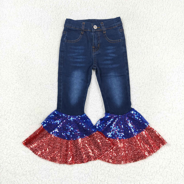 P0430 toddler girl clothes 4th of July clothes baby belll bottom jeans red blue sequin pant