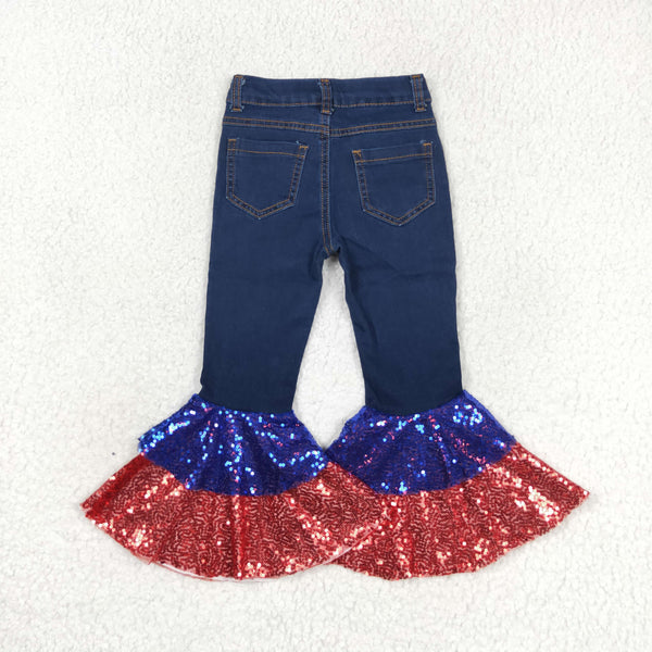 P0430 toddler girl clothes 4th of July clothes baby belll bottom jeans red blue sequin pant