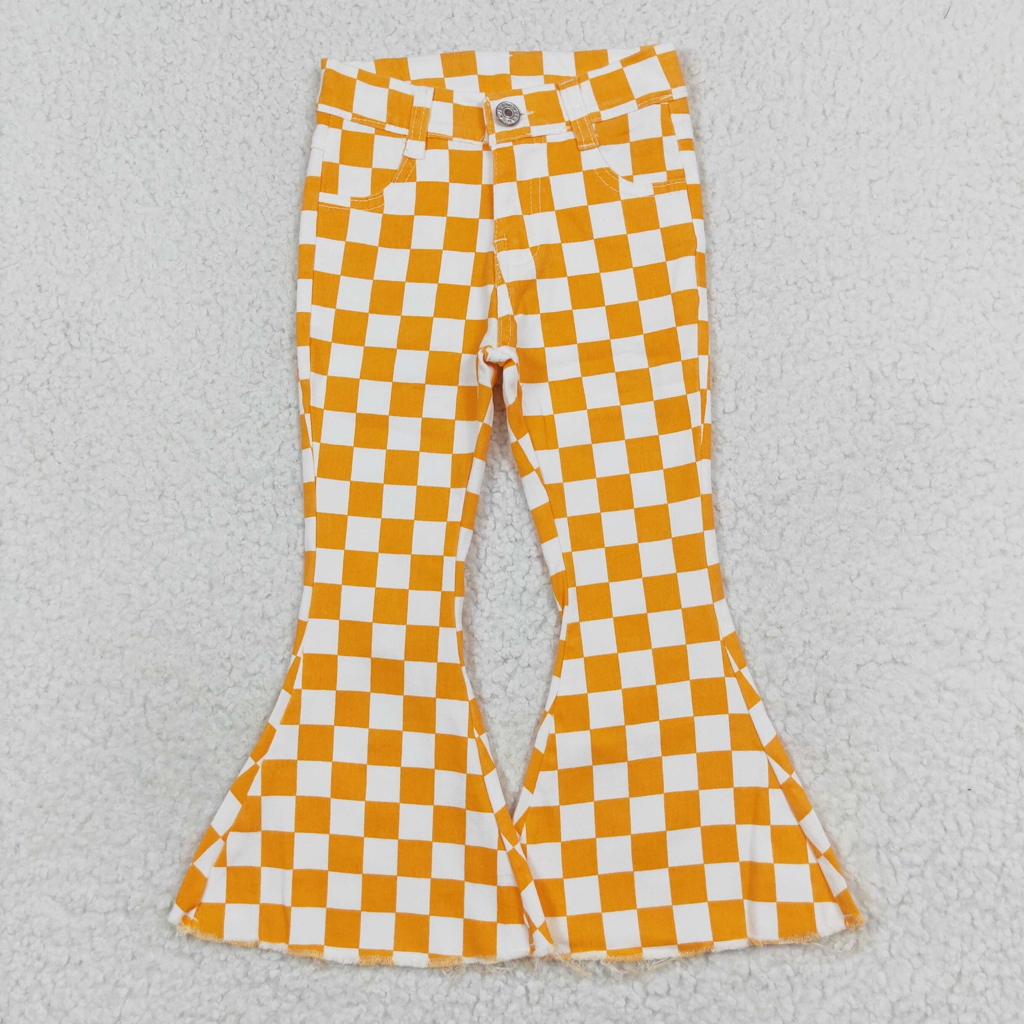 P0468 RTS baby girl clothes yellow gingham girl bell bottom pant jeans pant