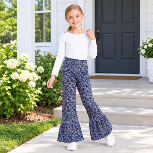 RTS P1055 toddler girl yoga clothes blue leopard flare pants
