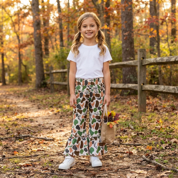 RTS P1065 baby girl clothes deer green camo print wide leg pant winter bottom