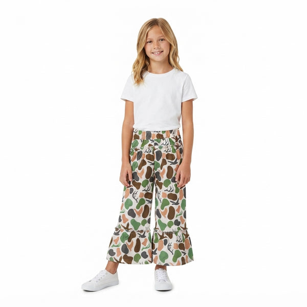 RTS P1065 baby girl clothes deer green camo print wide leg pant winter bottom