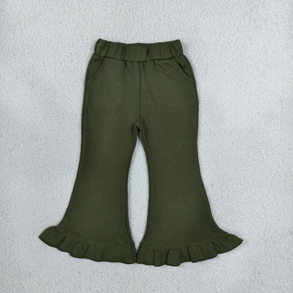 RTS P1075 toddler girl clothes solid olive ruffle flare long pants