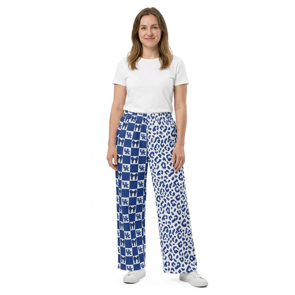RTS P1114 women clothes uk logo check bow leopard mixed print wide leg pant