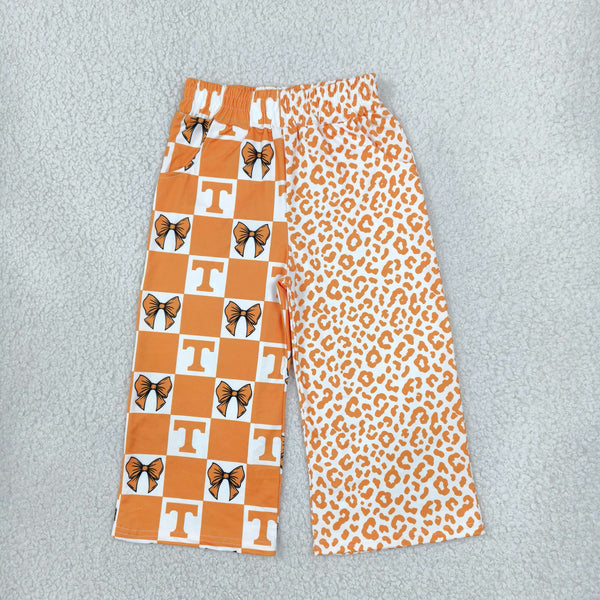 RTS P1121 toddler girl clothes orange check bow and leopard print long wide leg pants