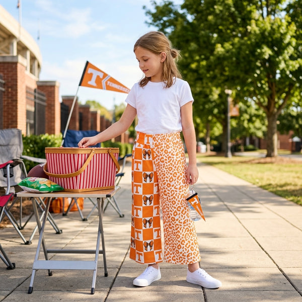 RTS P1121 toddler girl clothes orange check bow and leopard print long wide leg pants