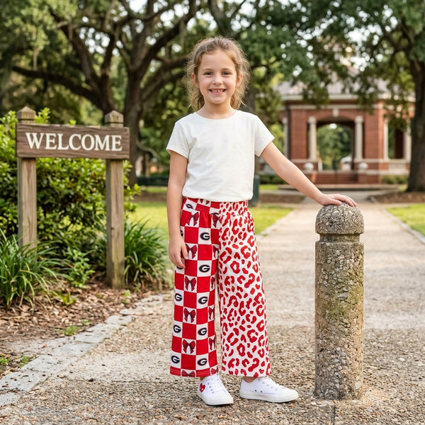 RTS P1126 baby girl clothes g logo check bow leopard mixed print wide leg pant