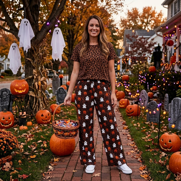 RTS P1131 women clothes halloween ghost pumpkin print wide leg pant
