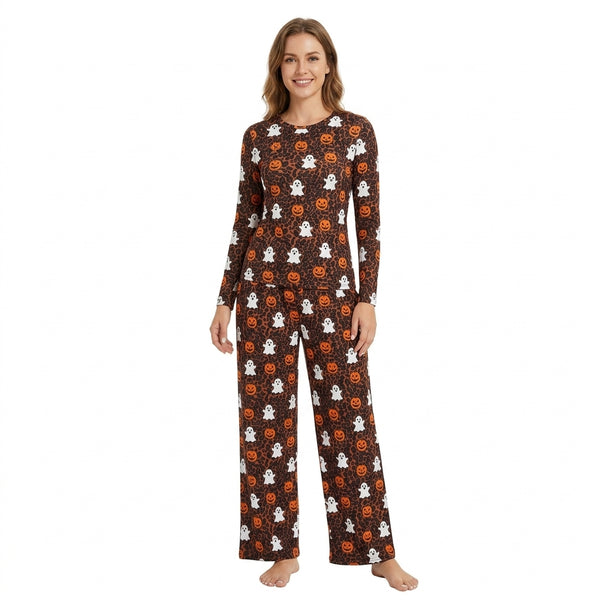 RTS P1131 women clothes halloween ghost pumpkin print wide leg pant