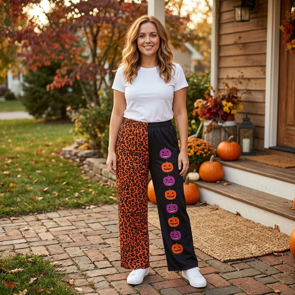RTS P1132 women clothes halloween pumpkin leopard mixed print wide leg pant
