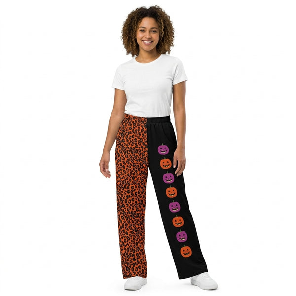 RTS P1132 women clothes halloween pumpkin leopard mixed print wide leg pant