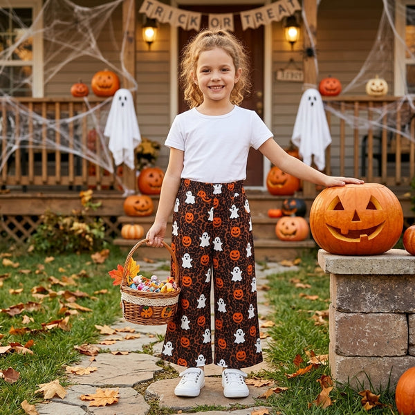 RTS P1135 baby girl clothes halloween ghost pumpkin leopard print wide leg pant