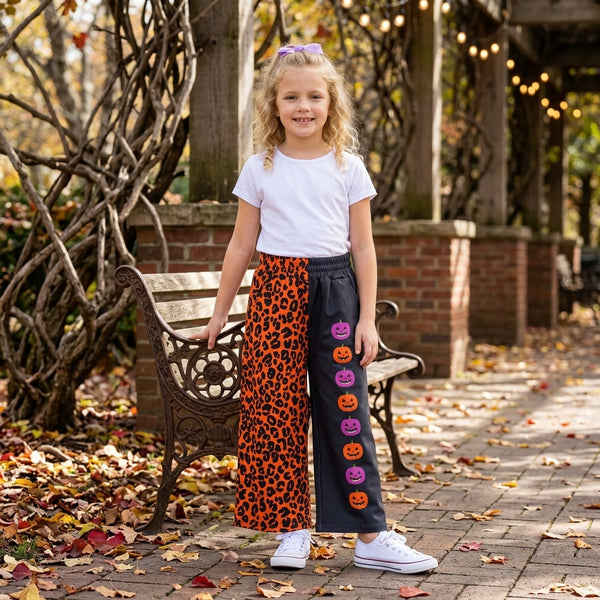 RTS P1136 baby girl clothes halloween pumpkin leopard mixed print wide leg pant