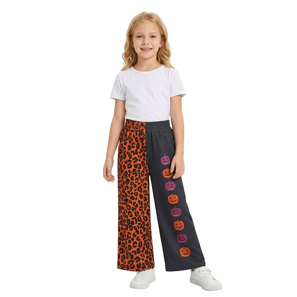 RTS P1136 baby girl clothes halloween pumpkin leopard mixed print wide leg pant