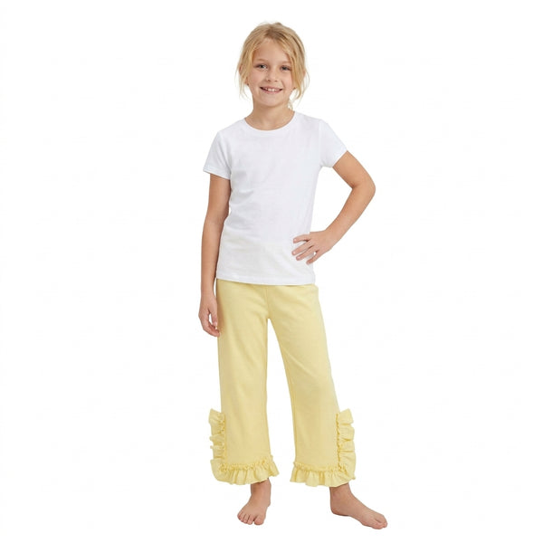 RTS P1163 toddler girl clothes solid yellow ruffle hem pants