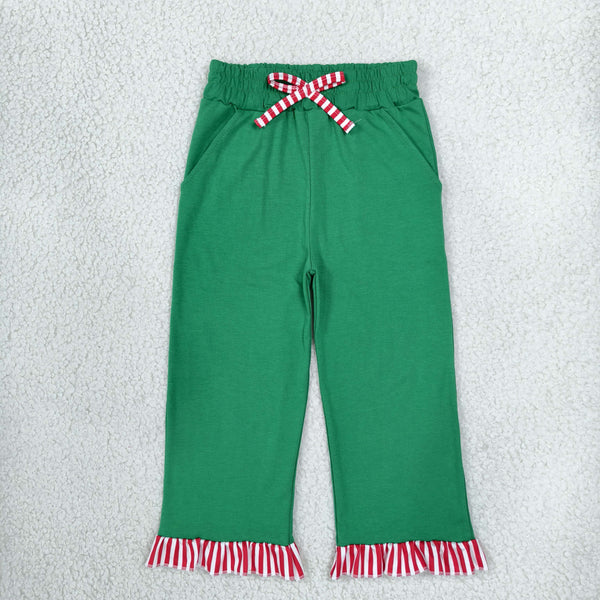 RTS P1254 toddler girl clothes solid green stripe trim ruffle flare long pants