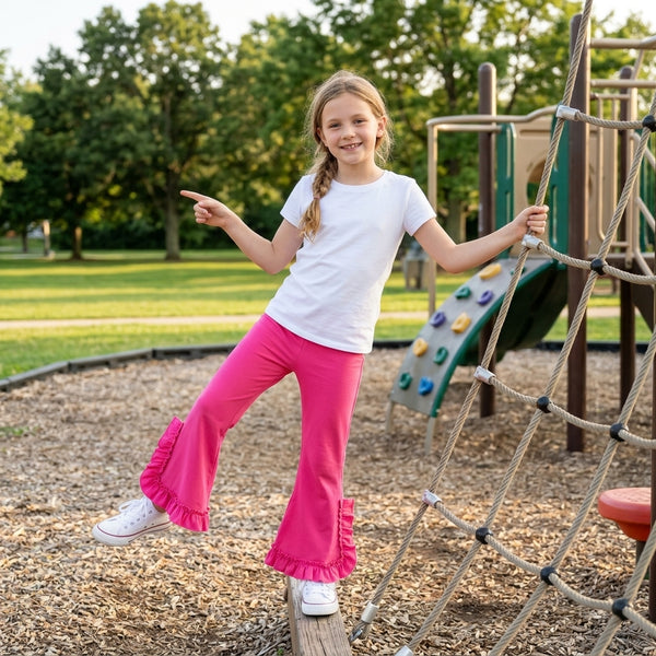 RTS P1273 toddler girl clothes solid pink ruffle flare pants