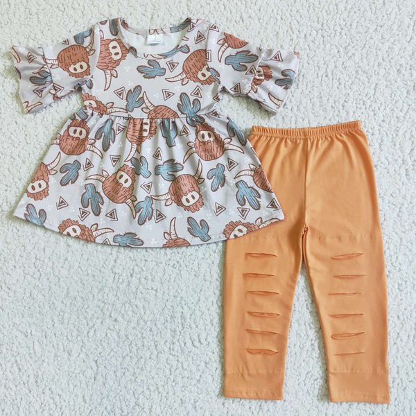 GSPO0095 girl orange cow short sleeve fall spring set