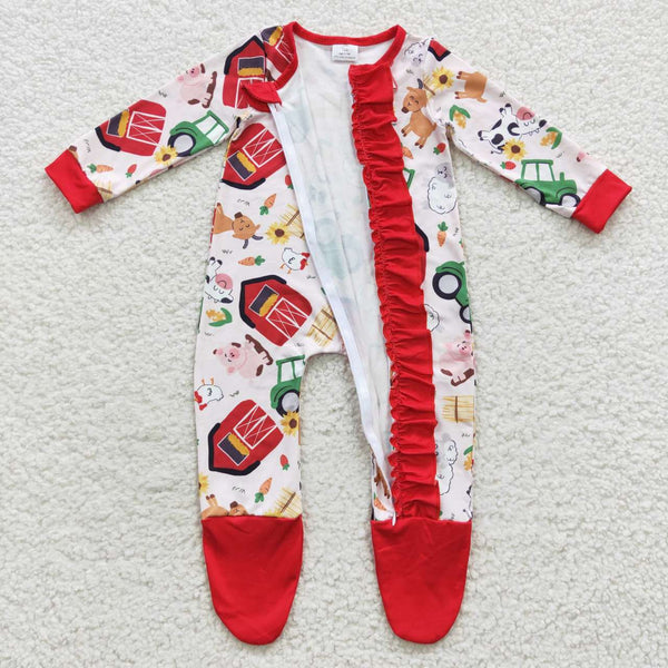 LR0378 baby clothes red farm winter romper