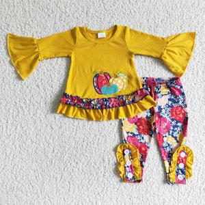 GLP0006 girl yellow halloween pumpkin applique outfits-promotion 2024.9.21 $5.5