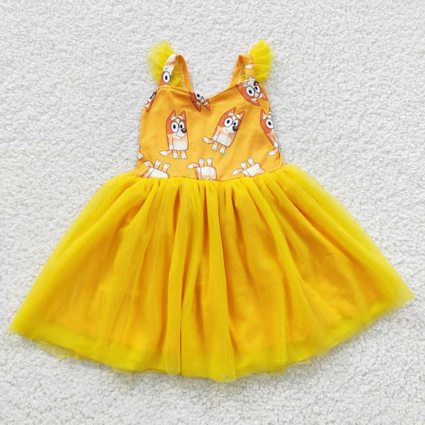 GSD0356 kids clothes girls yellow tulle dress girl party dress