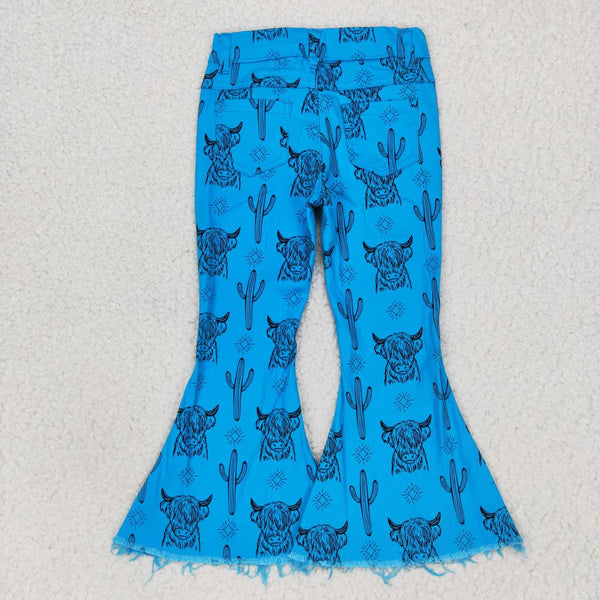 P0281 toddler girl clothes blue highland cow girl jeans baby girl bell bottom jeans
