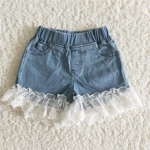 C7-20 RTS baby girl clothes summer lace blue denim shorts