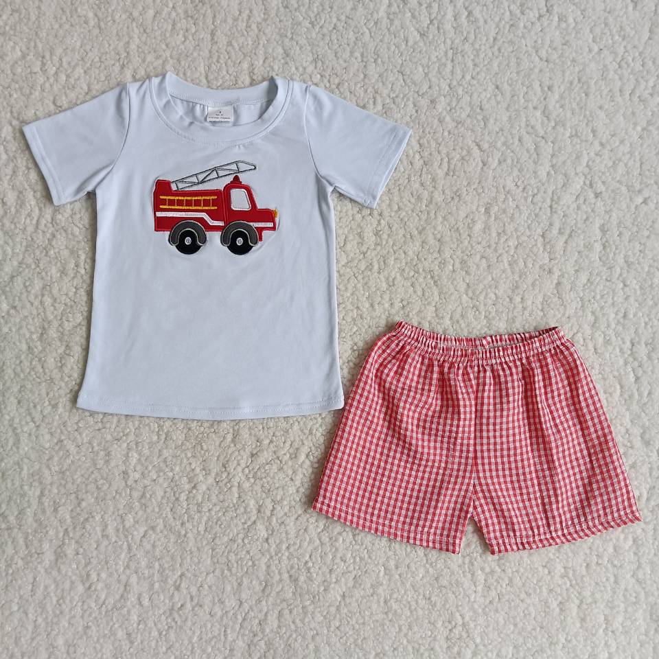 B3-13 boy summer fire truck emboridery woven shorts set-promotion 2024.5.25 $5.5