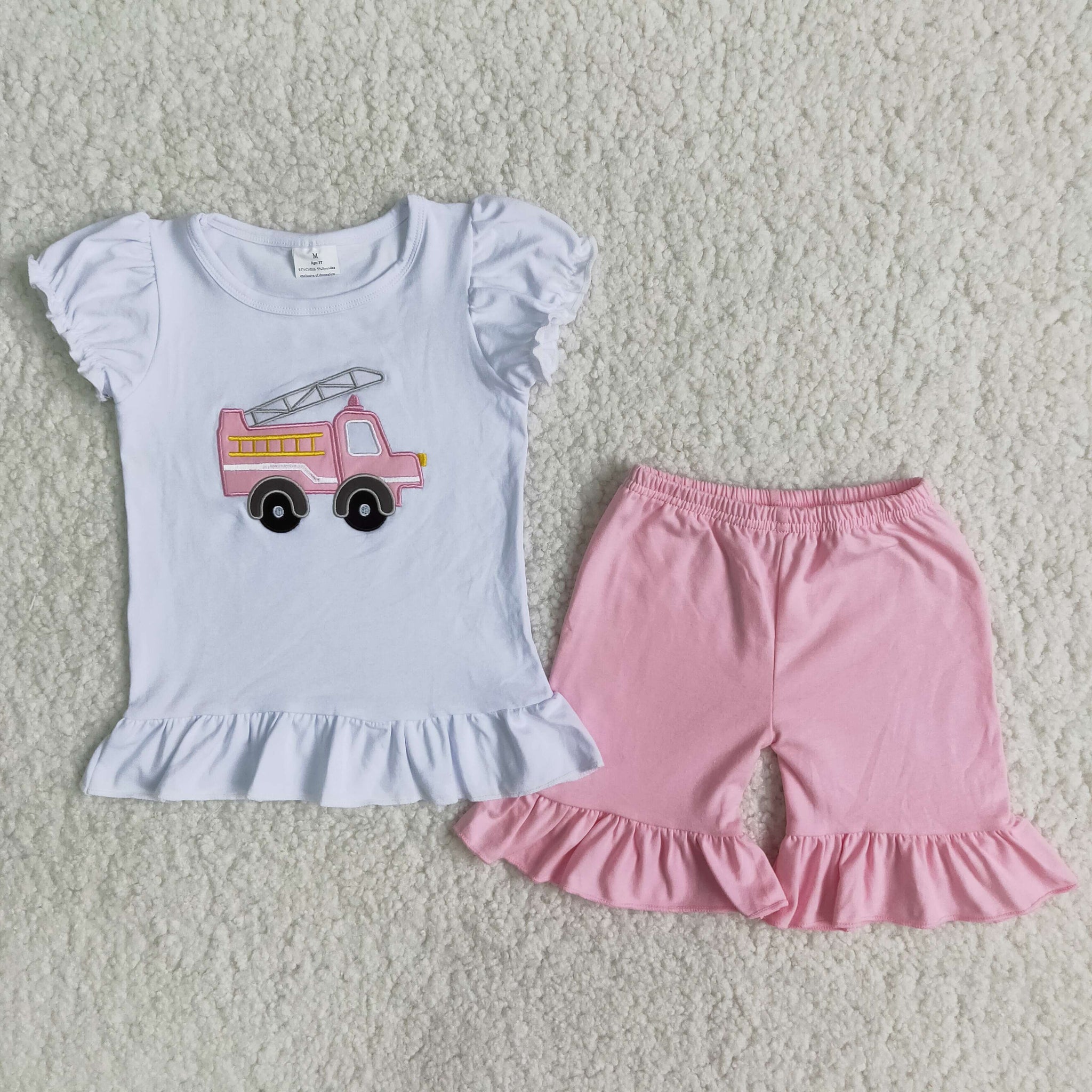 B3-4 girl summer fire truck emboridery woven shorts set-promotion 2024.5.3 $5.5