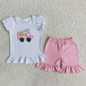 B3-4 girl summer fire truck emboridery woven shorts set-promotion 2024.5.3 $5.5