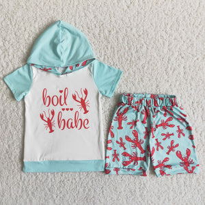 C15-40 boy clothes hoodies blue lobster crawfish summer short sleeve set-promotion 2024.5.3 $5.5