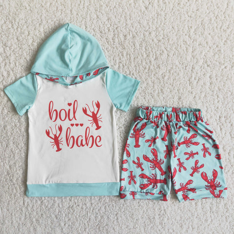 C15-40 boy clothes hoodies blue lobster crawfish summer short sleeve set-promotion 2024.5.3 $5.5