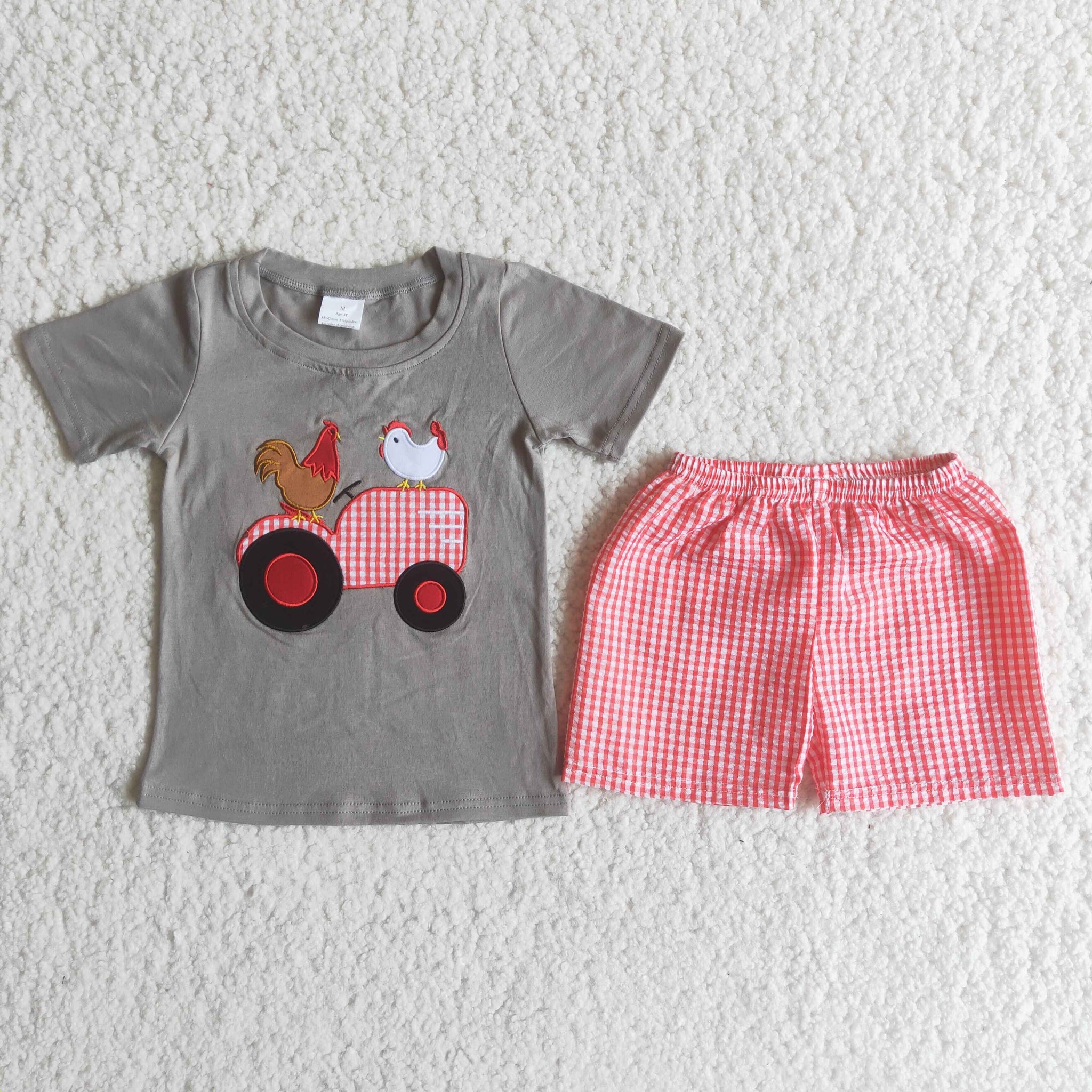 boy summer grey farm chicken emboridery woven shorts set-promotion 2024.6.8 $5.5