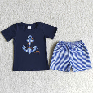 D12-17 boy summer navy anchor emboridery July 4th woven shorts set-promotion 2024.5.25 $5.5