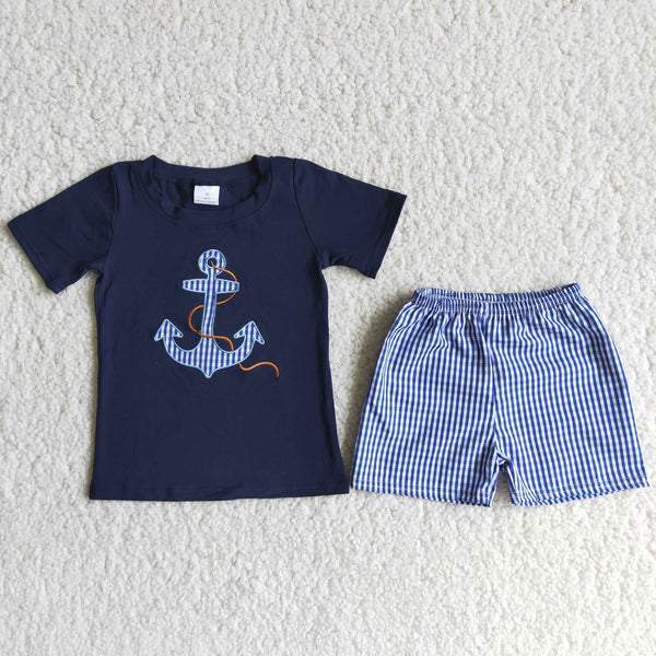 D12-17 boy summer navy anchor emboridery July 4th woven shorts set-promotion 2024.5.25 $5.5