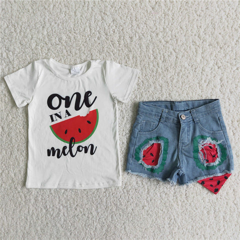 girl clothes watermelon summer denim shorts 2pcs set