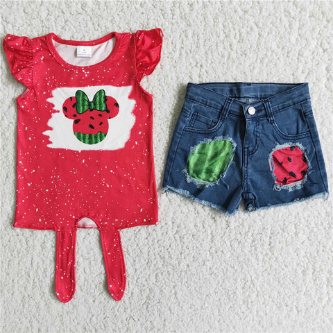 girl clothes watermelon summer denim shorts 2pcs set