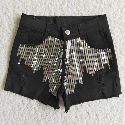 girl clothes summer black sequin denim shorts