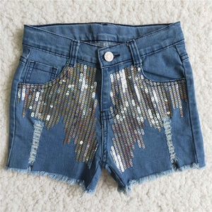 girl clothes summer blue sequin denim shorts