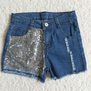 girl clothes summer blue sequin denim shorts