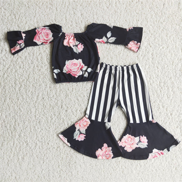 6 A29-2 kids clothes girls black floral stripe pants winter outfits--promotion 2024.12.14 $2.99